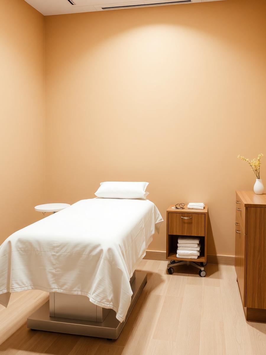 Sala de atendimento com maca profissional e iluminação suave